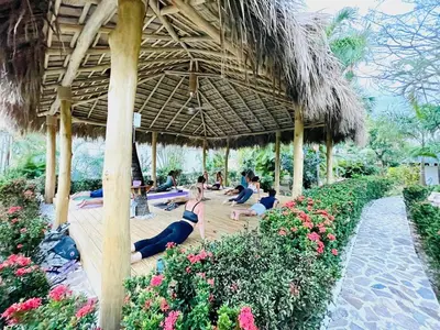 a group of people doing yoga under a pavilion at Hotel La Tortuga in Las Terrenas
