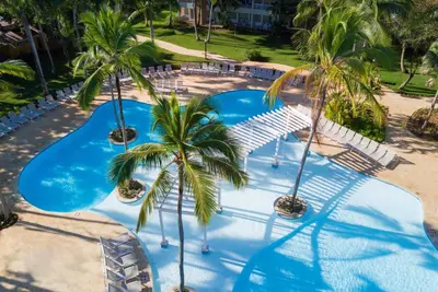an overhead view of a swimming pool with palm trees at Wyndham Alltra Samana All Inclusive Resort in Las Galeras