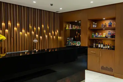 a bar in a room with a wall with lights at Hotel Aladino in Santo Domingo