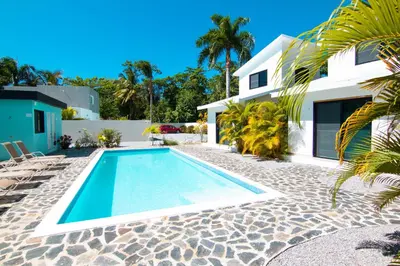 a swimming pool in front of a house at Residence Las Dos Palmas in Las Terrenas