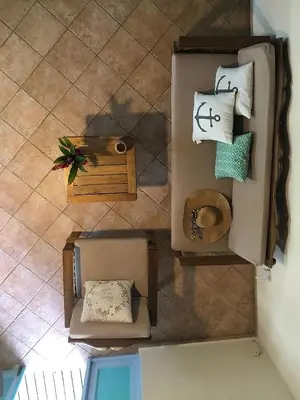 an overhead view of boxes on a floor with pillows at Las Palmas Eco Residence in Las Terrenas