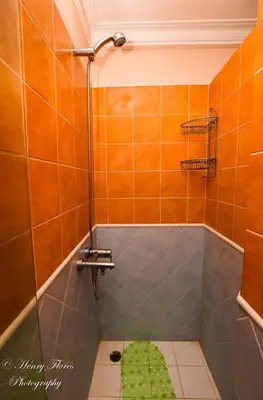 a bathroom with orange tiles and a shower at Palma Real in Bayahibe