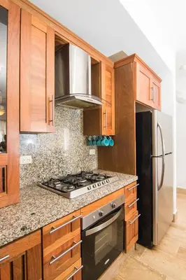 a kitchen with wooden cabinets and a stove top oven at Monserrat Residences in Las Terrenas
