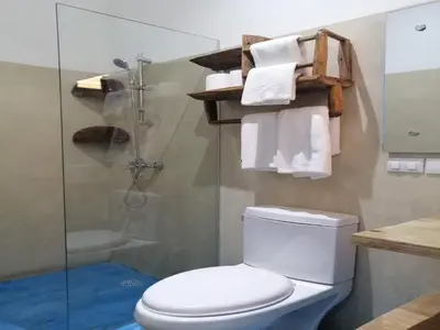 a bathroom with a shower and a toilet and towels at House Jardin Del Caribe in Las Terrenas