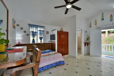 a bedroom with a bed and a ceiling fan at Villa Alégria in Santa Bárbara de Samaná