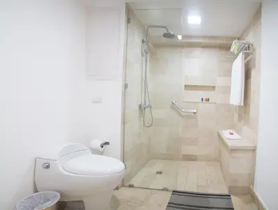a bathroom with a toilet and a shower at Radisson Hotel Santo Domingo in Santo Domingo
