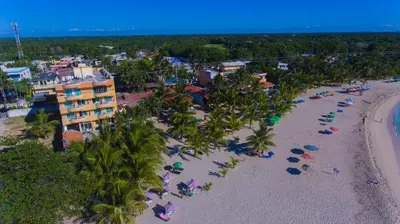 an aerial view of a beach with chairs and palm trees at Aparta Hotel Caribe Paraiso in Juan Dolio