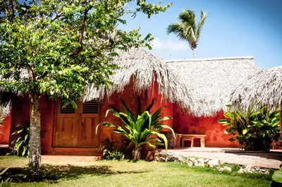 a red house with a wooden door and a tree at Solazul in Las Galeras