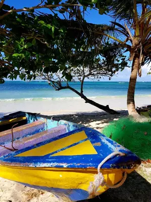a yellow and blue boat sitting on the beach at Solazul in Las Galeras