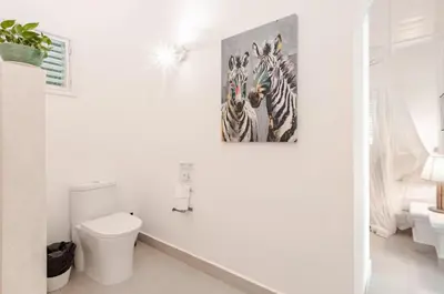 a bathroom with a toilet and a picture of zebras at Caribbean Beach Villa Playa Bonita Las Terrenas in Las Terrenas