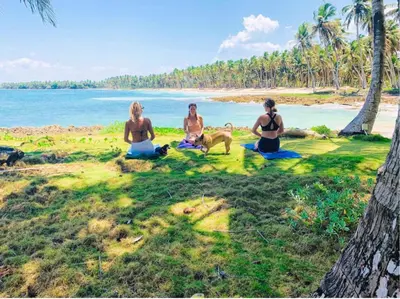 three women sitting on the beach with a dog at Baoba Breeze Bed & Breakfast- beachfront paradise in Cabrera