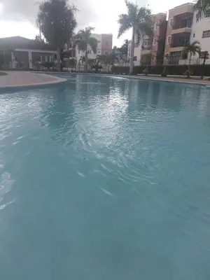 a large pool of blue water with palm trees and buildings at PARADISE 3 Cerro Altos in Santiago de los Caballeros