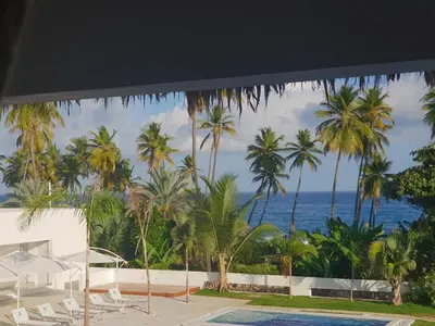 a view of the ocean from a resort with palm trees at Oasi Encantada - Beach Resort in Santa Cruz de Barahona