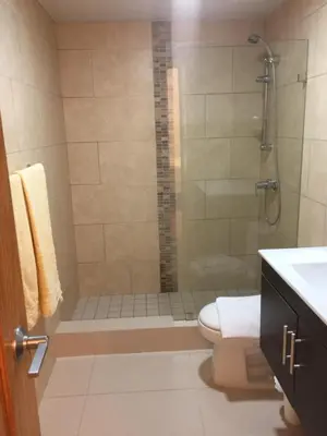 a bathroom with a shower and a toilet at Beachfront, Juandolio in Juan Dolio