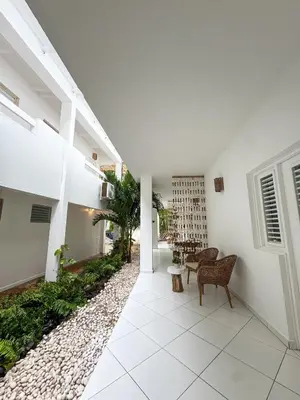 an internal courtyard of a house with white walls at El Mosquito Boutique Hotel Playa Bonita in Las Terrenas