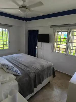 a bedroom with a bed and a ceiling fan at Las Palmeras RIKI R in Boca Chica