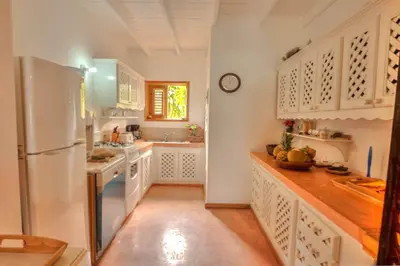 a kitchen with white cabinets and a white refrigerator at Villa Maxime in Las Galeras
