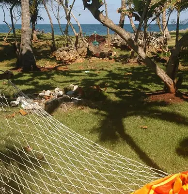 a hammock on a beach with the ocean in the background at Villa Maxime in Las Galeras