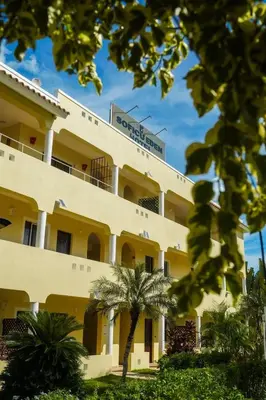 a building with a palm tree in front of it at Soficu Hotel El Edén Dominicus in Bayahibe
