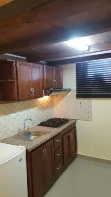 a kitchen with a sink and a stove top oven at TERRAZAS DEL CARIBE, APARTA HOTEL. in Santo Domingo