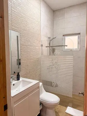 a bathroom with a toilet and a sink and a shower at Gipsy Ranch Rooms in Cabarete