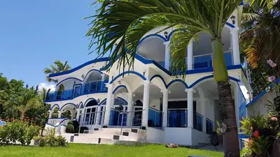a blue and white house with a palm tree at casaenjoysamana in Los Naranjos