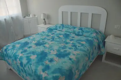 a bedroom with a bed with a blue comforter at Caribe Apartament S&D el castillo dominicus Apartamento #9 in Bayahibe