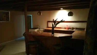 a kitchen with a bar with a vase of flowers on it at MAMAJUANA BEACH APARTAMENTS in Boca Chica