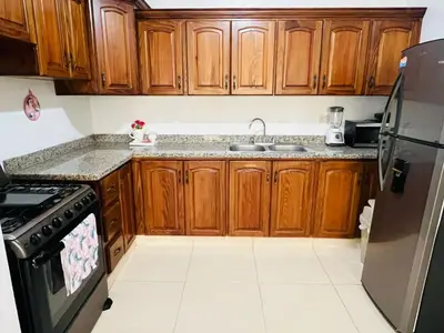 a kitchen with wooden cabinets and a sink and a refrigerator at Oasis de paz in Jarabacoa