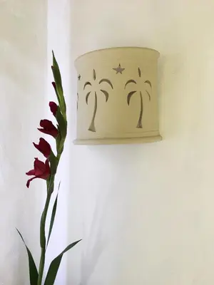 a lightswitch with palm trees on a wall with a flower at Cabrera Chalet boutique hotel in Cabrera