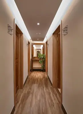an empty hallway with wooden floors and a plant at Hotel Riazor in Santo Domingo