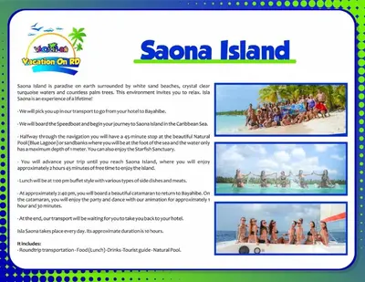 a page of a brochure for saona island at Lugo`s guest room in Punta Cana