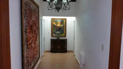 a hallway with a mirror and a painting on the wall at Hotel Riparbella in Santo Domingo