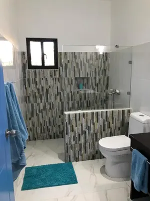 a bathroom with a toilet and a shower with a window at Villa Luce in Las Terrenas