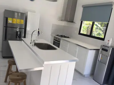 a white kitchen with a sink and a refrigerator at Villa Luce in Las Terrenas