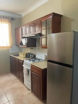 a kitchen with a stainless steel refrigerator and wooden cabinets at Apartahotel Alvear in Santo Domingo