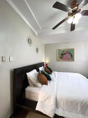 a bedroom with a bed with a ceiling fan at Aparta Hotel Roma in Santo Domingo