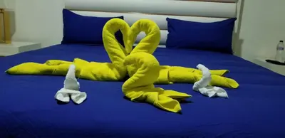 a bed with two swans made out of towels at Villa de Colores 3 Rooms 5 king Beds in Sosúa