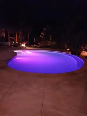 a large blue pool is lit up at night at Casa Flamingo in Las Terrenas