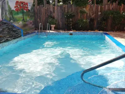 a swimming pool with a hose in a yard at La famosa costillas a la leña in Jarabacoa