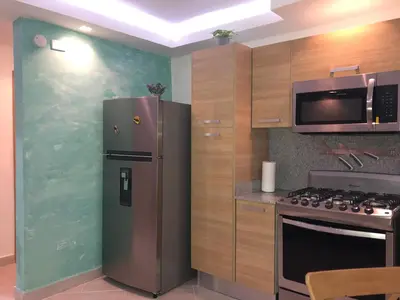a kitchen with a stainless steel refrigerator and a microwave at Estancia Riviera Colonial I in Santo Domingo