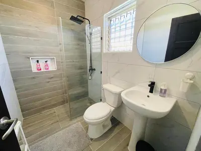 a bathroom with a toilet and a sink and a mirror at Playa Dorada Mountainview Villa in San Felipe de Puerto Plata