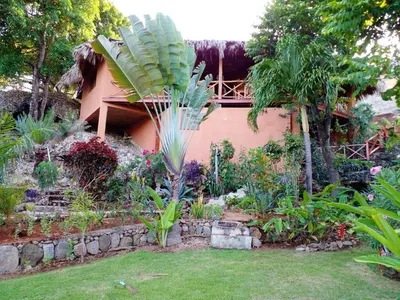 a garden in front of a house with a palm tree at Welcoming House in Las Galeras with Stunning Sea View in Las Galeras