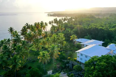 an aerial view of a house and palm trees at Hotel TODOBLANCO, Las Galeras, SAMANA in Las Galeras