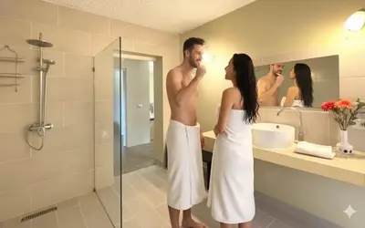 a man and a woman standing in a bathroom at Las Galeras Village Ecolodge in Las Galeras