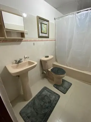 a bathroom with a sink and a toilet and a shower at 1Dom Rep - Huge cozy 3 bedrooms - close to all transportation Jacobo Majluta - Residencial Paradise V Colina Arroyo 1 in Santo Domingo