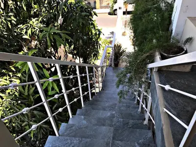 a stairway with a white rail and some plants at Fully Equipped New 1br Apt dt 2mins To Beach in Sosúa