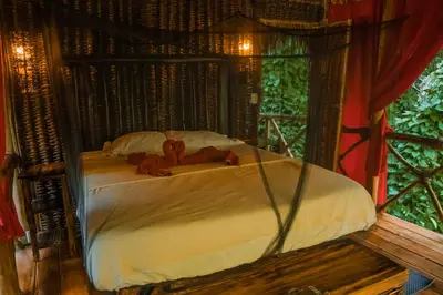 a bedroom with a bed in a room with a window at Dominican Tree House Village in El Valle