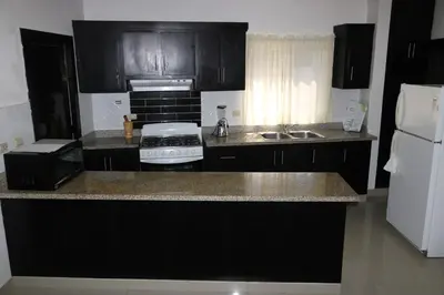 a kitchen with black cabinets and a white refrigerator at Tu Segundo Hogar en Santiago, La Cuidad CORAZÓN in Santiago de los Caballeros
