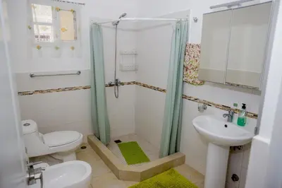 a bathroom with a shower and a toilet and a sink at Bela Villa Apartment IDA in Bayahibe